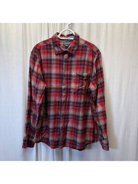 Eddie Bauer Mens Flannel Shirt Size Large Red Gray Blue Plaid Long Sleeve